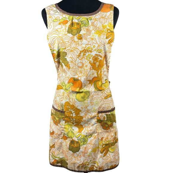 Vintage 1970s Harvest Vegetable Print Bib Apron Gold Green Orange Retro Kitchen - Picture 1 of 4